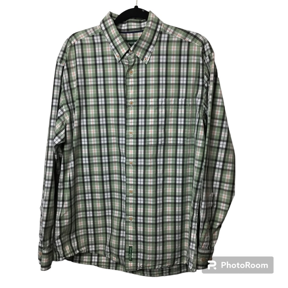 Orvis green/orange plaid long sleeve button down active fit shirt. Large